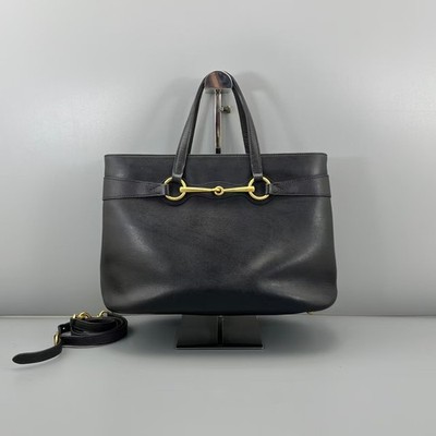 Authentic Gucci 1955 Horsebit Leather Tote Bag Black Leather Handbag with Strap