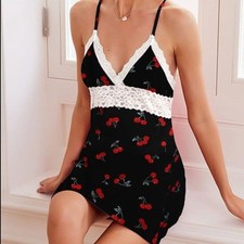 Ekouaer Sleepwear Cherry Babydoll Nightgown Slip Lace Lounge Dress, Large