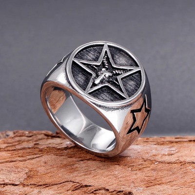 Mens Stainless Steel Ring Five Point Star Geometric Handmade Gold Plated Band
