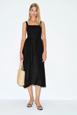 New Reformation Balia Black 100% Linen Scoop Neckline Midi Dress Size 6