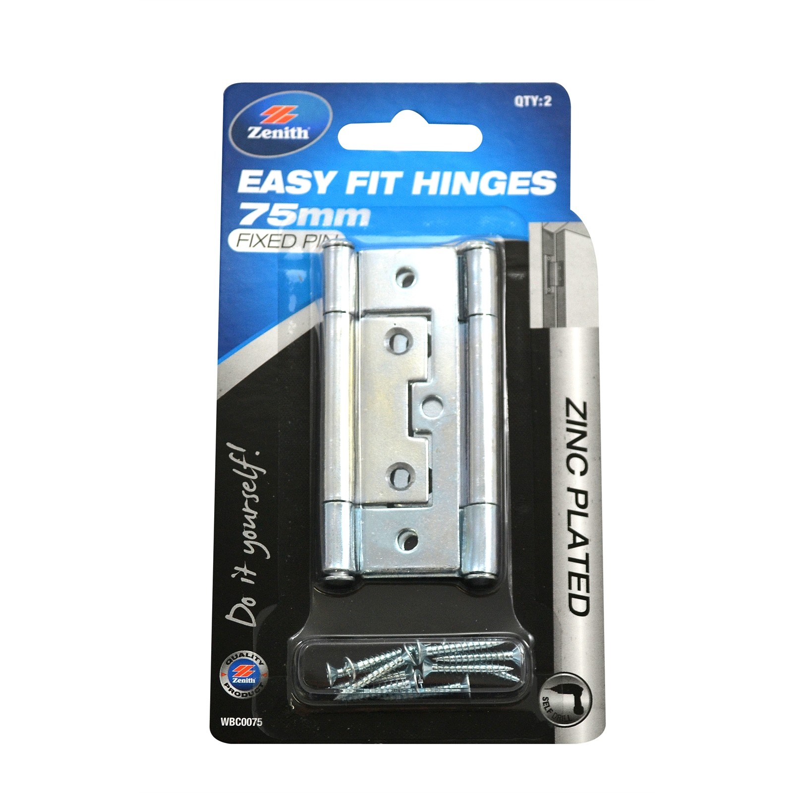 Zenith EASY FIT HINGES 2Pcs Fixed Pin, Internal Use, Zinc Plated 75mm