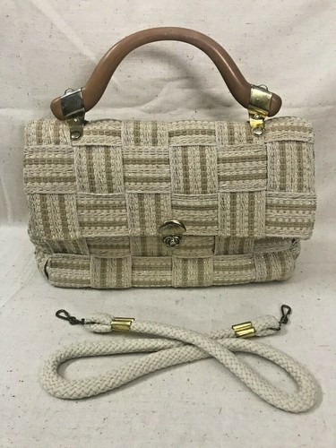 Retro Vintage Handbag MODA AVANTI Made in Italy Natural Fiber Wood Handle