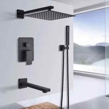 Black 12" Shower Faucet Set Rain Shower Head Combo Sprayer Tub Spout Mixer Valve