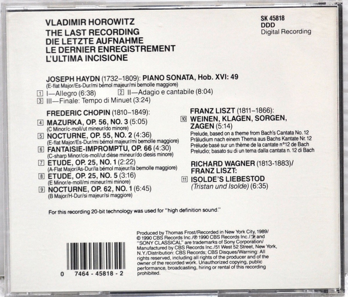 欧LP Vladimir Horowitz Last Recording S45818 Sony Classical /00400 Vladimir Horowitz, The Last Recording, SK 45818, Sony