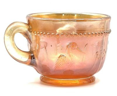 Vintage Carnival Glass Cup Iridescent Marigold Crane Bird Pattern