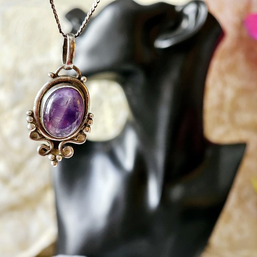 Antike Halskette Anhänger Kette 925 Silber 45cm Cabochon Amethyst 42x21mm - Bild 12 von 20