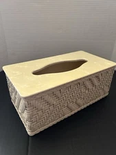 Vintage Wicker Tissue Box Cover Faux Pearl Removable Lid 4.5 Inches Deep