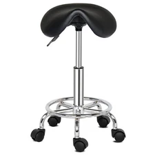 Half PU leather nylon wheel 150kg black technician stool saddle shaped cushion
