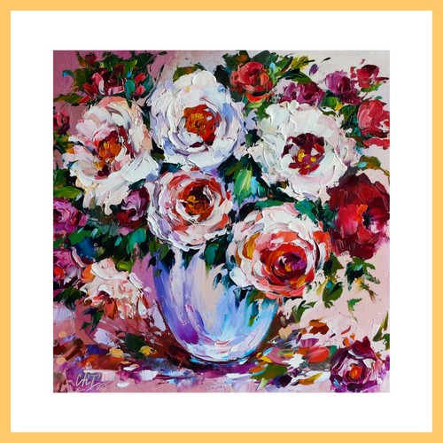 original oil painting Rose bouquet flowers artwork Floral wall art 12*12 inch - Picture 3 of 14