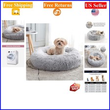 20-30in Light Grey Calming Dog  Cat Bed, Round Faux Fur Cuddler