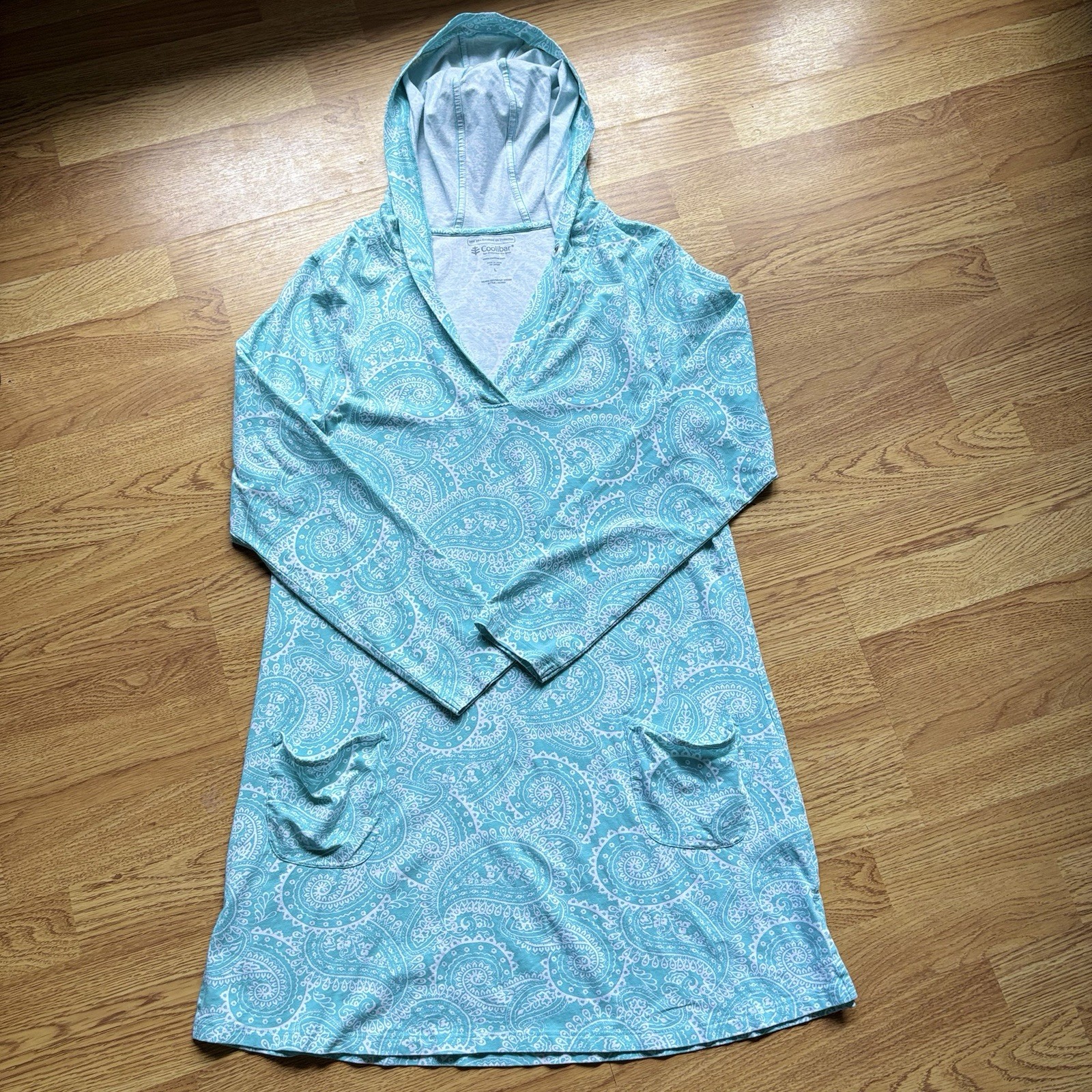 Coolibar Turquoise White Paisley Beach Cover-Up Long Sleeve UPF 50 Dress Sz L