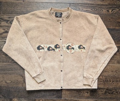 Vtg 90s Stone Aged Rockwear Snap Button Sweatshirt Size M Western Bison Brown