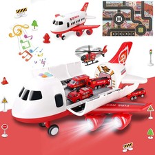Airplane Toy Set with Fire Trucks, Cars, and Play Mat - Lights Sounds for Kids