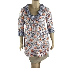 Gretchen Scott Ruffle Neck Tunic Orange Blue Floral Cotton L
