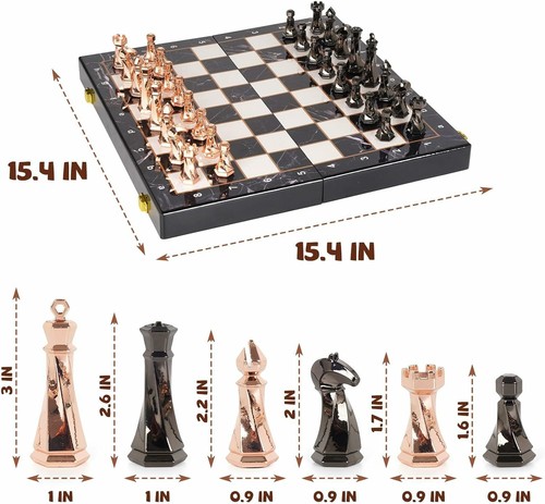 Elegant Metal Chess Set - 15" Marbled Wooden Board - Modern Metal Chess Pieces - Picture 3 of 6