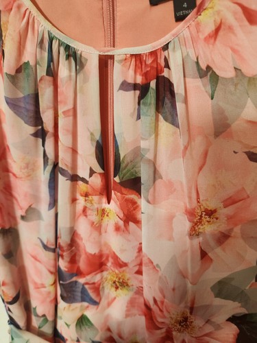 Tahari ASL Sleeveless Peach Pink Floral Chiffon Tie Waist Tiered Dress Easter 4 - Bild 7 von 12