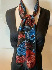 ELAINE GOLD Silk Jacquard Crepe Floral Black,Red,Blue Long Scarf 25cm x 126cm 