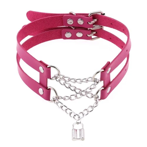Double Belt Punk Choker with Cross Chain Lock Pendant Gothic Collar - Picture 20 of 37