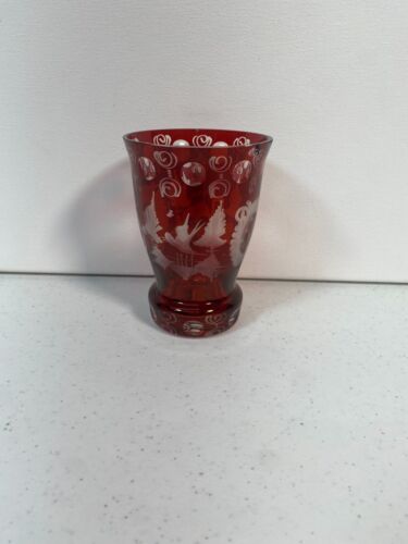 Vintage Ruby Red Cut Bohemian Glass Etched Crystal Vase 4 3/4" - Picture 3 of 10