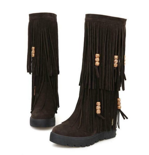 Mocasín para mujer tacón plano plataforma borla flecos punta redonda media pantorrilla bota - Imagen 2 de 14