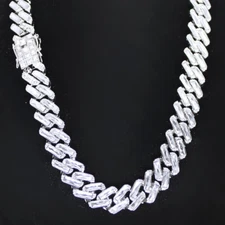Mens 16mm Iced Baguette CZ Chain Square Cuban Curb Link Silver Plated Necklace
