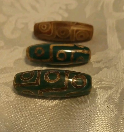 Ancient 9 Eye Tibetan Dzi Beads Agate/ Wood/ Beads Lot Of 3 Unique Designs 