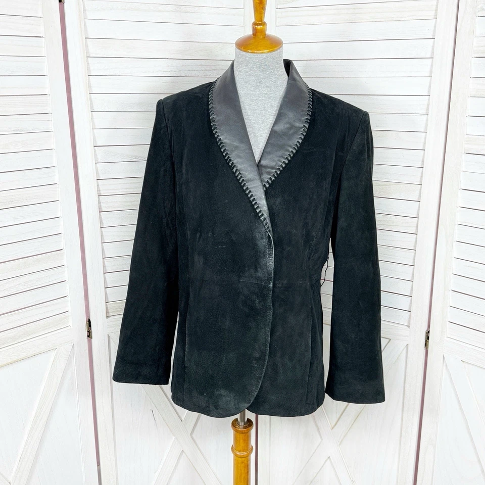 Terry Lewis Vintage Suede Jacket Womens Size Medium Black Blazer Leather Collar - Image 2 of 4