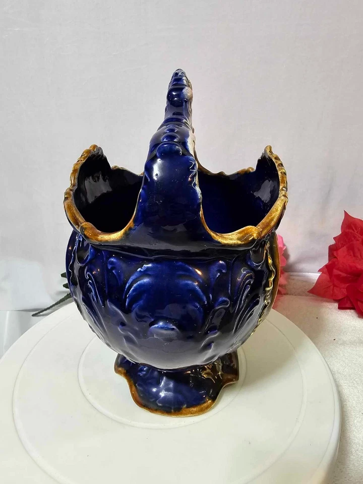 Vintage Kobaltblau Majolika Herzstück Korb Blumenpaar See Haus Bäume - LESEN - Bild 4 von 4