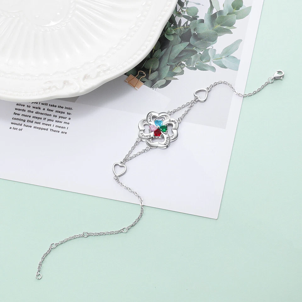 Pulsera de 5 piedras de nacimiento corazón flor madre 5 nombres grabados plata mamá Foto 3 de 4