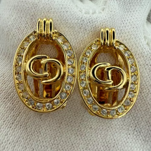 Vintage Christian Dior CD Logo Gold Clip Earrings Rhinestone Designer Jewelry