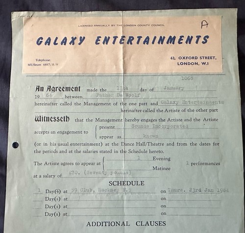 RARE SOUNDS INCORPORATED PERFORMANCE GIG APPEARANCE CONTRACT 17/01/1964 - Picture 2 of 4