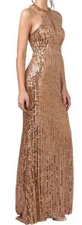 Aspeed Design Rose Gold Halter Sequin Long Dress With Keyhole Formal Size L