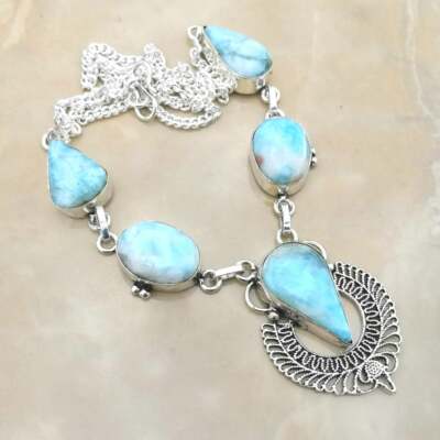 Pendentif Larimar Bleu Ciel Fait Main - Argent 925 - 2 Pouces - #P06804 - Neuf
