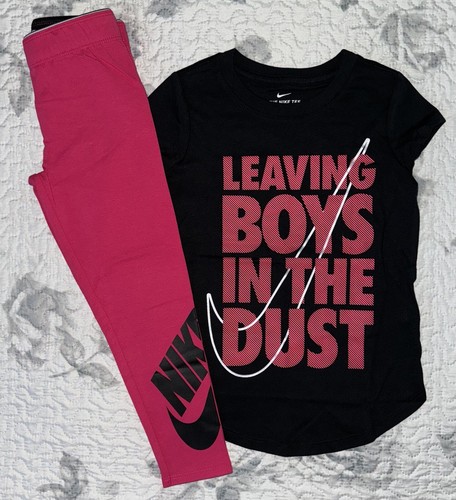 Girls Nike Black “Leaving Boys In The Dust” T-Shirt & Pink Leggings Set - Sz/ 5 - Picture 1 of 6