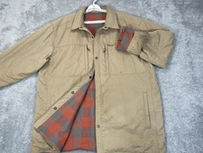 Simms Jacket Mens XL Tan Plaid Lined Snap Front Fishing Zip Pockets Rugged Work