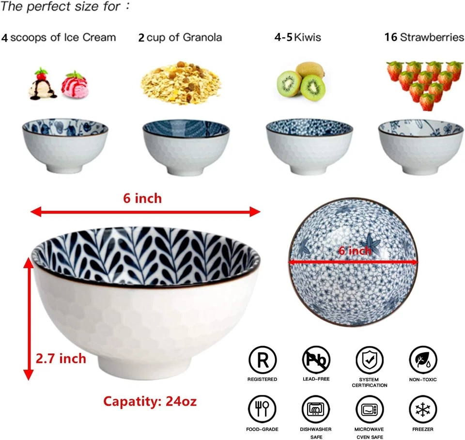 Elegantes cuencos de cereal florales azules y blancos, 6 pulgadas - Juego de 6 Foto 4 de 4