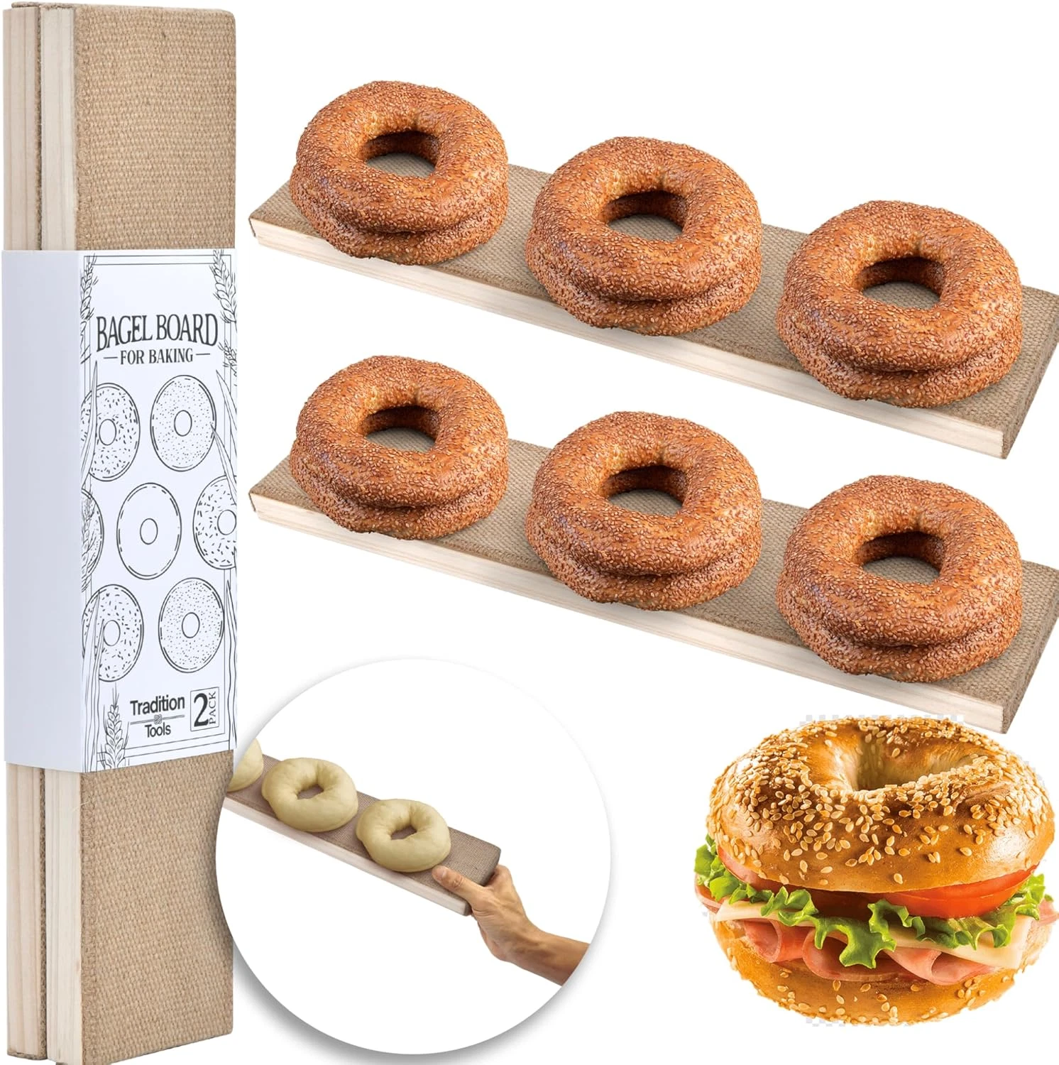 Bagel Baking Boards 2-Pack | 15.7 X 3.5 X 0.8" Burlap Covered Cedar Boards | Bag