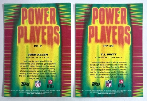 2025 Topps Chrome Power Players Insert Lot x 2 Josh Allen & TJ Watt NFL Greats - Afbeelding 4 van 12