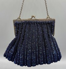 Vtg Blue Beaded Evening Purse Art Deco Silver Tone Ornate Frame KISS Clasp 5x6  