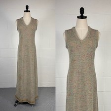 Vintage 70s Pastel Rainbow Knit Maxi Sweater Dress Silver Metallic Lurex Glam S