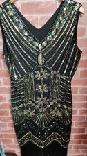 BLACK & GOLD 'Gatsby' Style Sequin Dress With Accessories SIZE XL CG H24