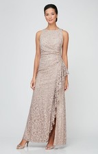 Alex Evenings Sequin Lace Cascading Ruffle Gown Buff Size 8 $219