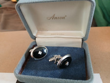 Vintage Anson Sterling Silver  Black Onyx Real Diamond Oval Men's  Cufflinks