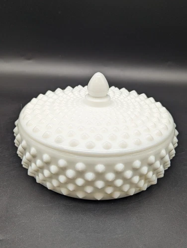 Vintage White Milk Glass Covered Candy Dish Hobnail with Lid