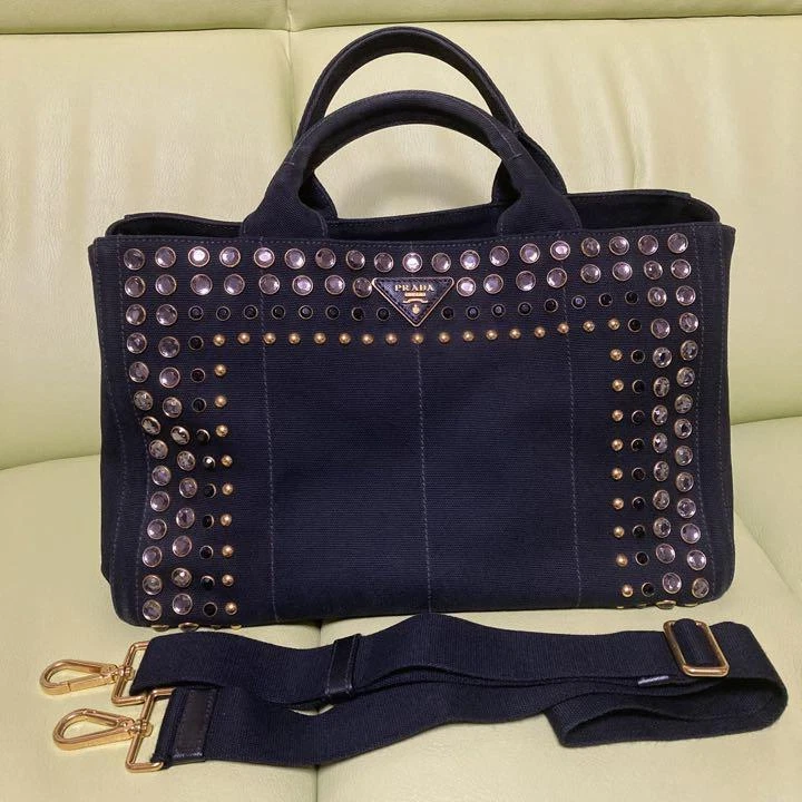 Prada Tote Bag B2439O Canapa Bijou 2Way Mini Studs Clear Studs
