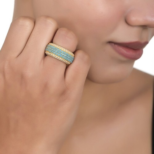 14k Gold Plated Pearl & Turquoise Band Ring 925 Sterling Silver Minimalist Ring - Picture 4 of 12