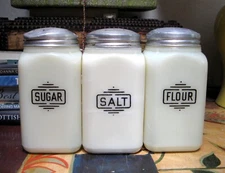 Vintage 1930s McKee Custard Glass SUGAR SALT FLOUR Shaker Large Box Uranium Set