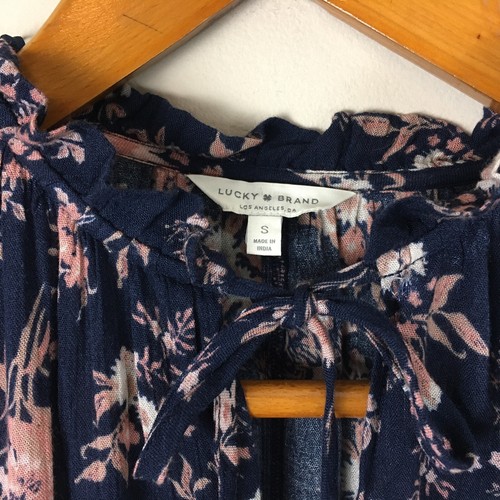 Lucky Brand Dress Womens S Navy Blue Floral Tiered Tie Neck Bell Sleeve New - Picture 2 of 6