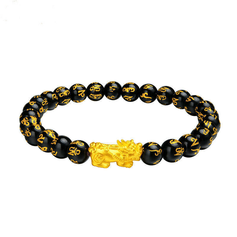 999 Pure 24K Yellow Gold Pixiu Bracelet Men Women 8mm Black Agate Beaded Link