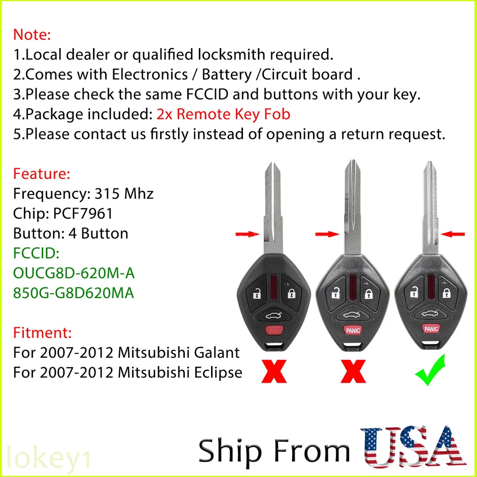 2 For 2008 -  2014 2015 2016 2017 Mitsubishi Lancer Remote Key Fob OUCG8D-620M-A - Image 2 of 4